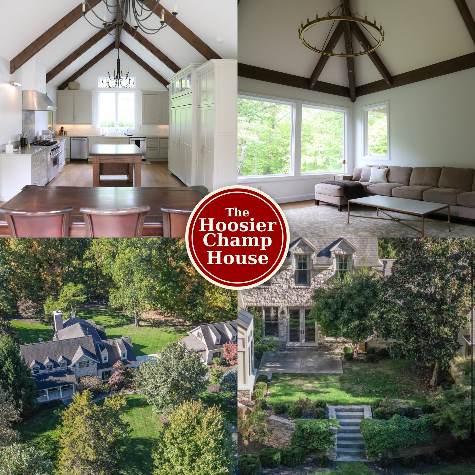 The Hoosier Champ House — Bloomington Indiana Airbnb stone estate with vaulted kitchen and wooded grounds